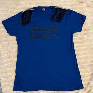 Blue T-Shirt with Fringe Detail